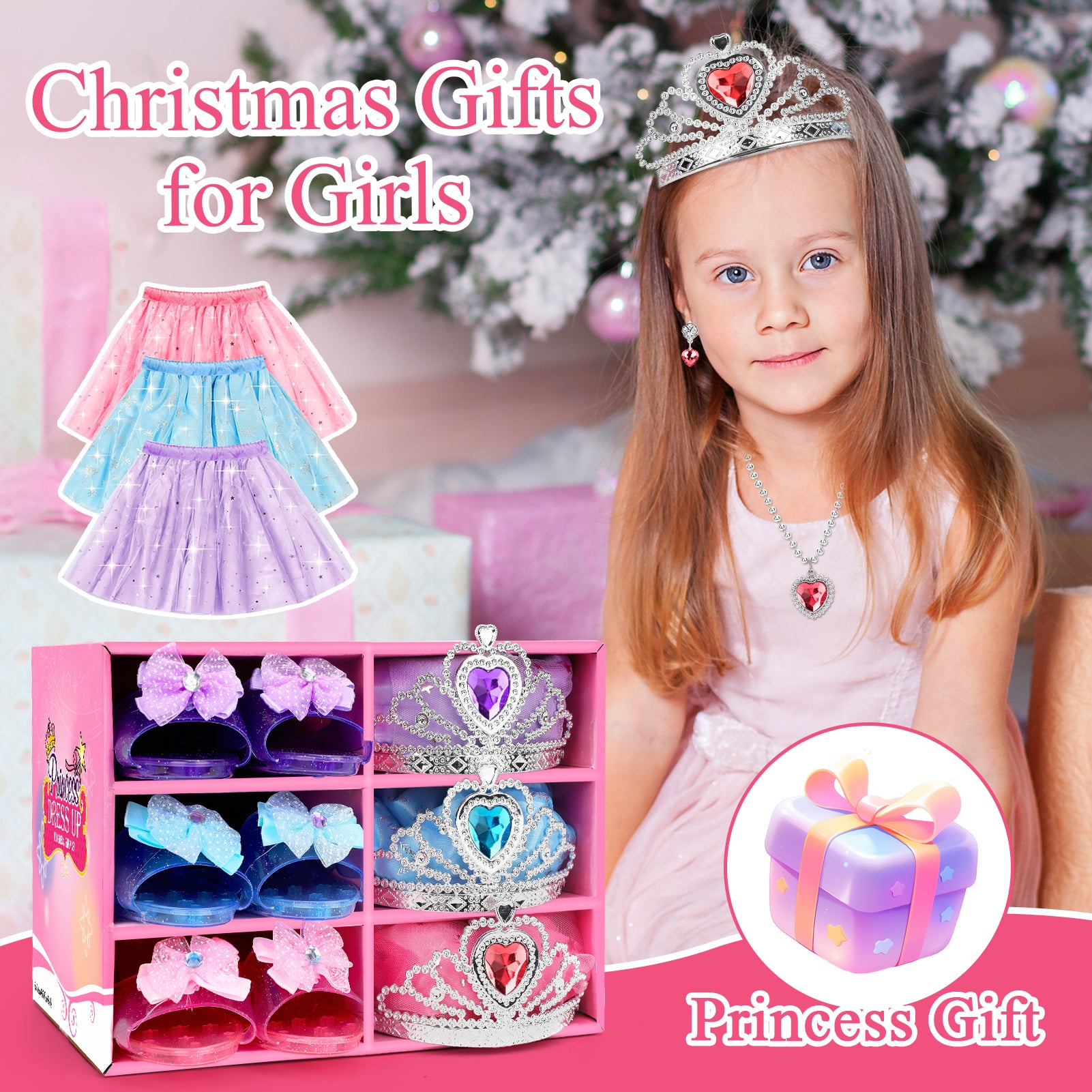 Flybay Princess Dress Up for Girls, Toddler Dress up Toys Costumes Set incl Skirts, Shoes, Crowns, Pretend Play Birthday Christmas Gifts for 3 4 5 6 7 Year Old Girls