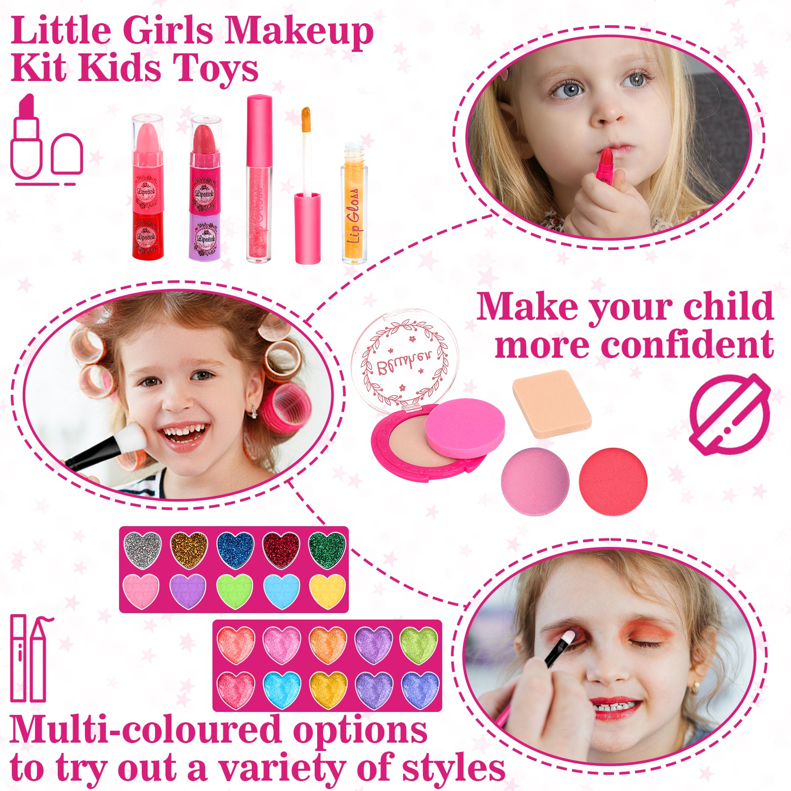 Feibely Kids Makeup Kit for Girl, 45 Pcs Washable Girls Makup Kit Princess Toys, Play Make Up Birthday Gifts for 3 4 5 6 7 8 9 10 11 12 Years Old Kid