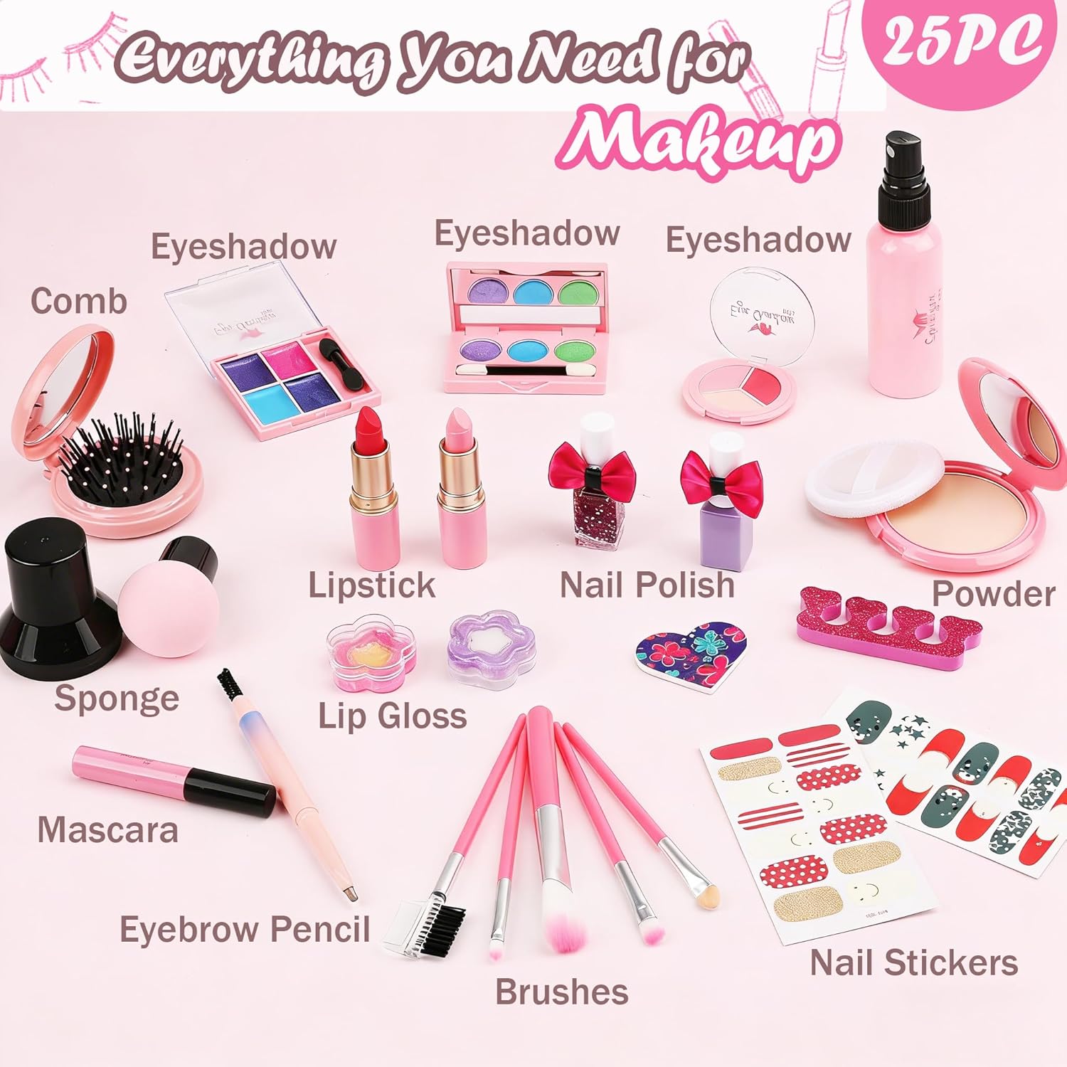 Flybay Kids Makeup Kit for Girls, Princess Toys Washable Makeup Set  for Toddlers Children Princess Dress Up Birthday Gifts Toys for 3-12 Year Old Girls
