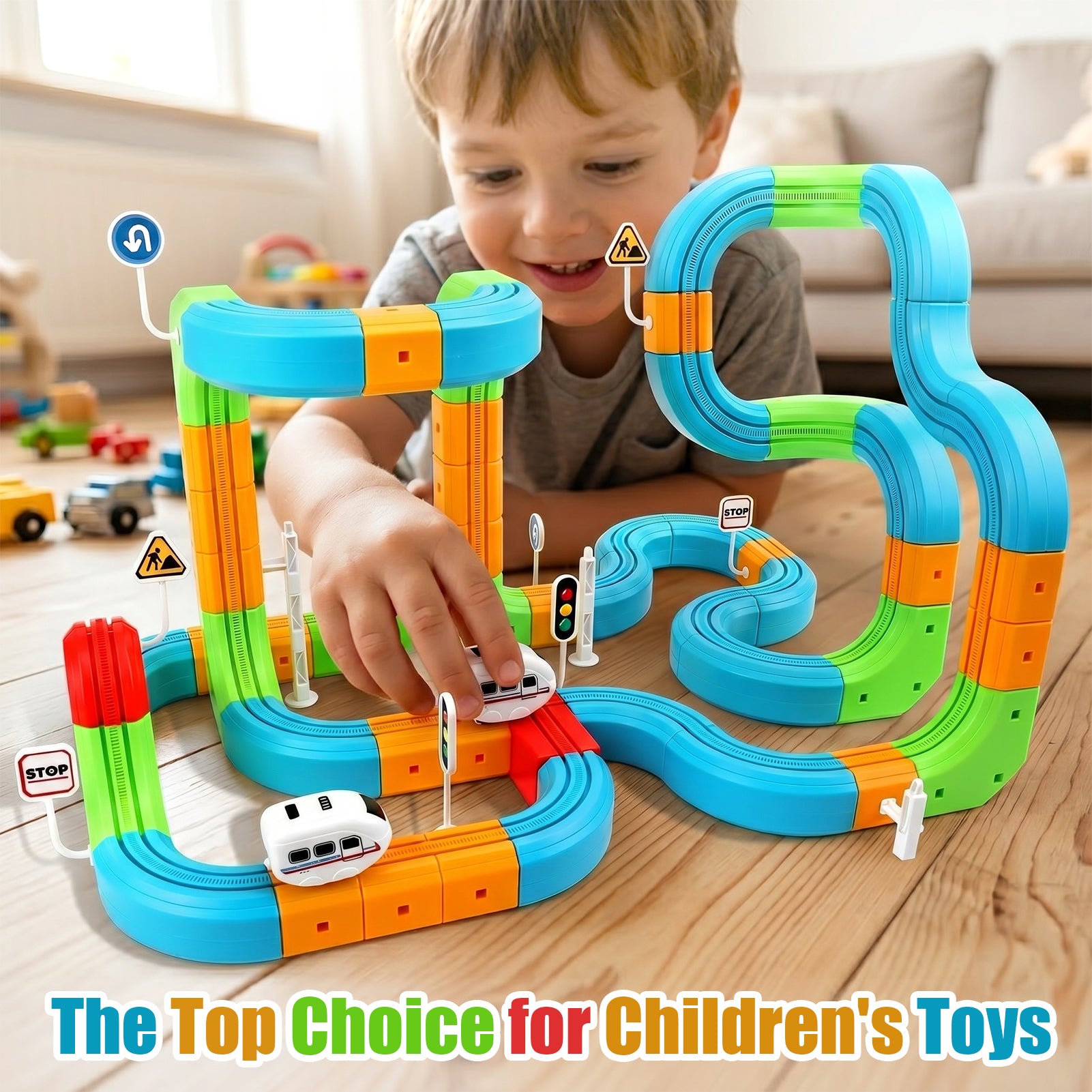 Electric Train Set Tracks, Sendida 3D Infinity Modular Building Blocks STEM Learning Toy for Kids Toddlers Boys & Girls Freely Assembled Race Tracks with Electric Train (Standard Edition)