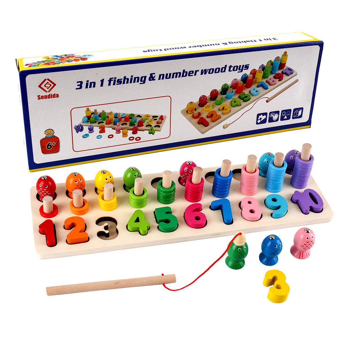 Sendida Wood Math Shape Puzzle Fishing Game Puzzles Toys 3 in 1