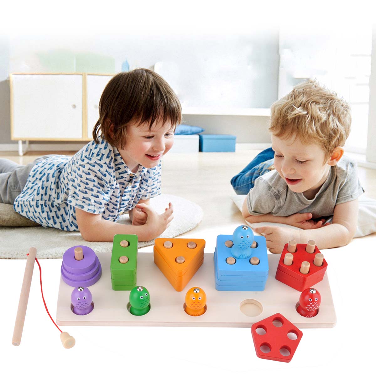 Wood Math Shape Puzzle Fishing Game Puzzles Toys 2 in 1