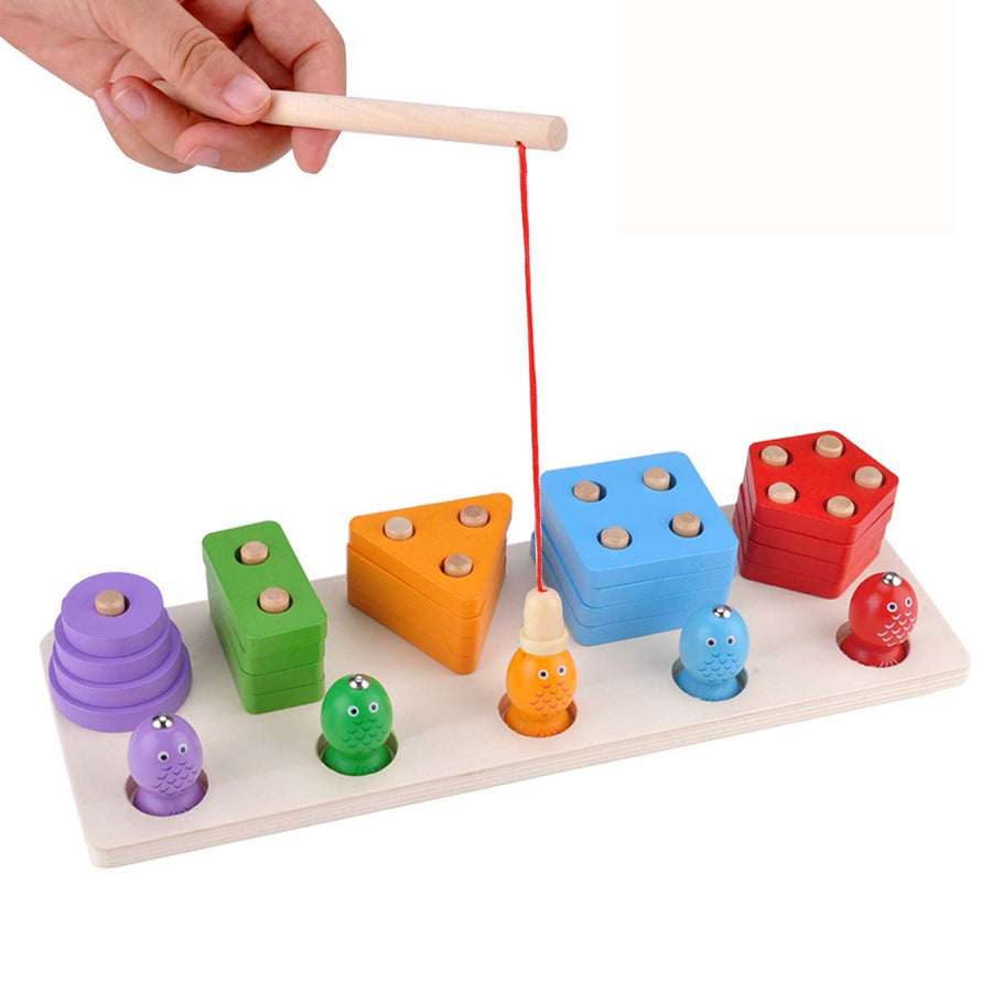 Wood Math Shape Puzzle Fishing Game Puzzles Toys 2 in 1